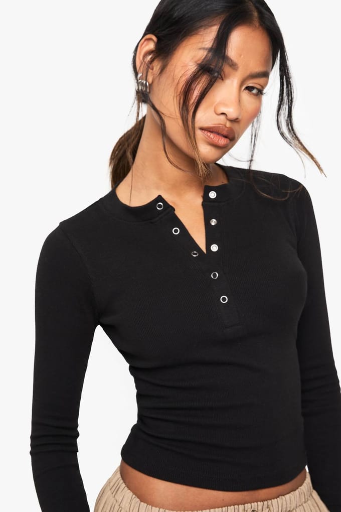 boohoo Dames Popper Front Rib Long Sleeve Top | Zwart | Maat: 40