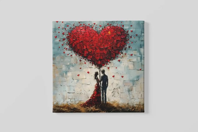 Vierkant Canvas Schilderij - Liefdevolle Kunst met Groot Hart - Modern & Warm - 60x60x2 cm