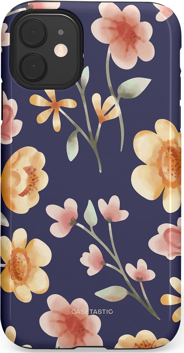 Casetastic hoesje geschikt voor Apple iPhone 11 - Dubbellaagse bescherming - Fluweel Bloemendesign - Fashion Case - Donkergrijs Zand Perzik Grijs