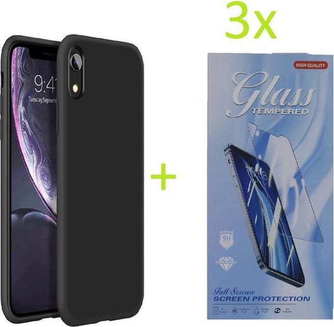 hoesje Geschikt voor: iPhone XR TPU Silicone rubberen + 3 Stuks Tempered screenprotector - zwart