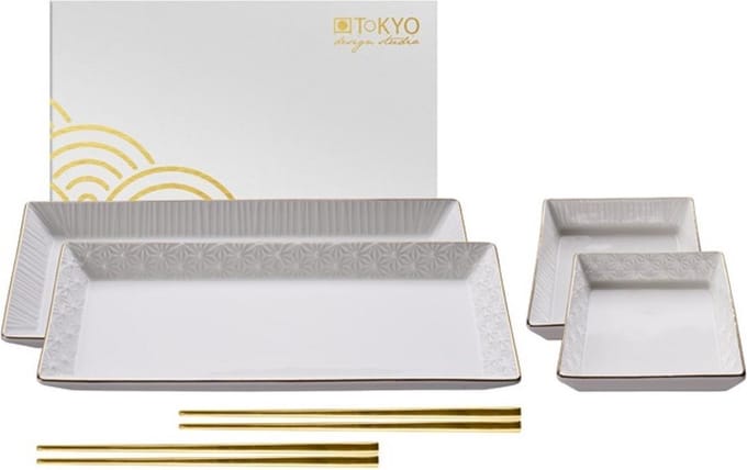 Tokyo Design Studio - Nippon White Sushi Set - 2 Personen - 6-delig - Goud Rand - Geschenkdoos