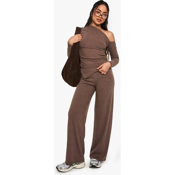 boohoo Dames Geribbelde wijde broek | Chocolate | Maat: 12