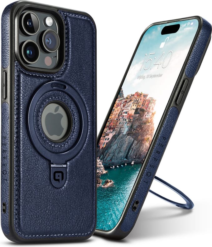 Perfeqt hoesje geschikt voor iPhone 16 Plus leren BackCover met Kickstand & Keyring houder - Blue