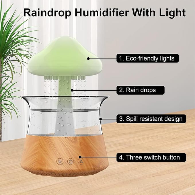 Cloud Rain-luchtbevochtiger met 7 kleuren LED-verlichting Waterdruppelpaddestoelmistverspreider met afstandsbediening voor wit