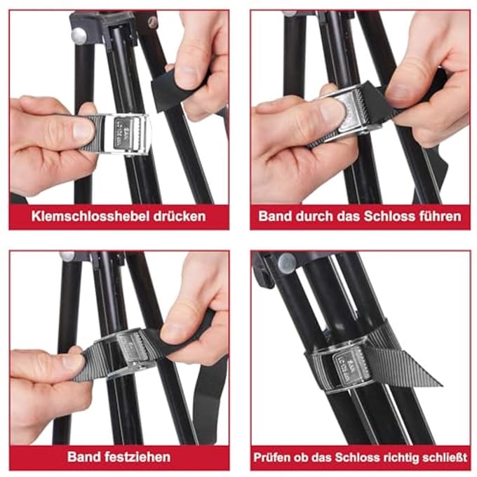 Set van 6 sjorbanden met klemsluiting - 250 kg belastbaar, 5 m lang, 25 mm breed