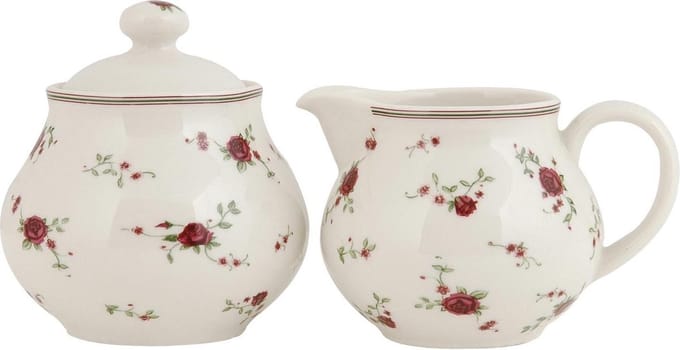 Clayre & Eef Melk en Suiker Set 12x9x8 / Ø 9x10 cm Beige Keramiek Bloemen
