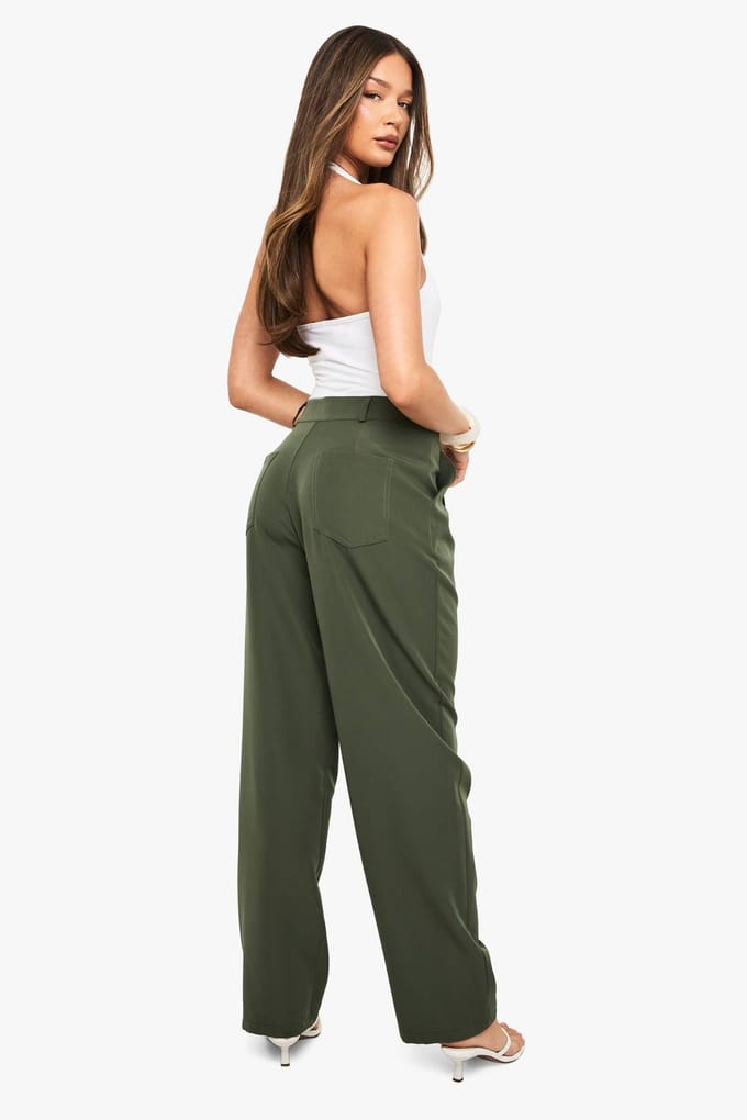boohoo Dames Geplooide Voorkant Geweven Rechte Pijp Broek | Kaki | Maat: 34