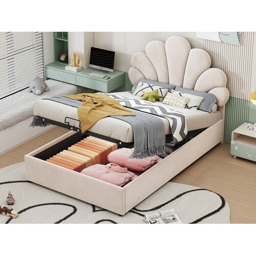 ModernLuxe Fluweel gewatteerd opbergbed - 90x200cm - bloemvormig hoofdeinde - met lattenbodem - Beige