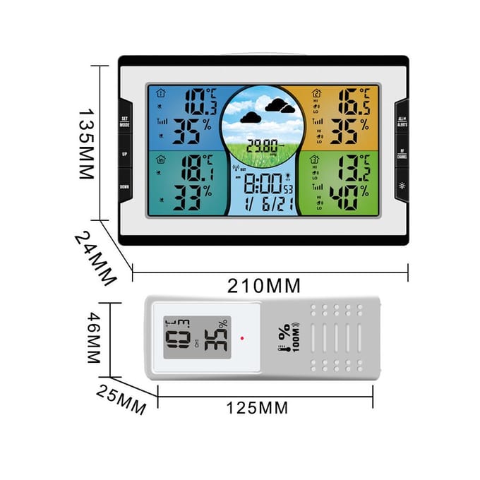 KKmoon Digitale Multifunctionele Klok RF 4 Kanalen Binnen- & Buitentemperatuur & Vochtigheid zwart
