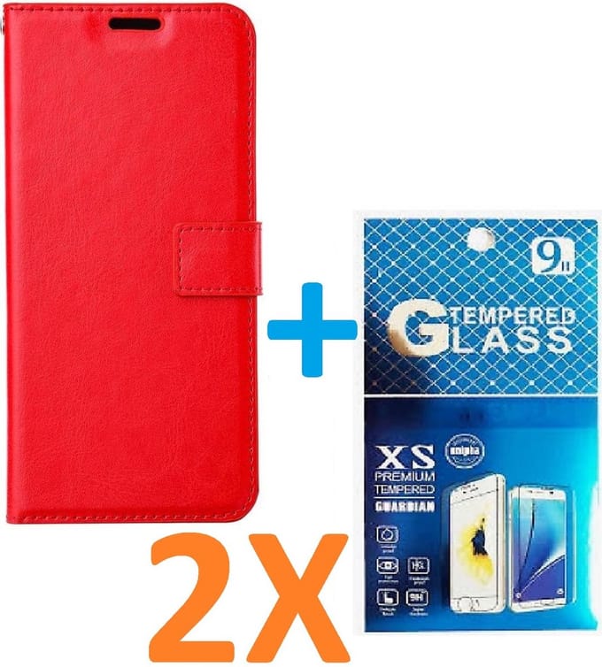 Portemonnee Book Case Hoesje + 2x Screenprotector Glas Geschikt voor: iPhone 15 - rood