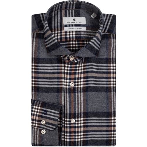 Thomas Maine Overhemd Roma Modern Kent Cotton Cashmere Check Navy / male