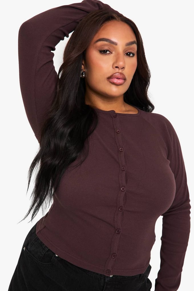 boohoo Dames Plus button-down top met lange mouwen | Chocoladebruin | Maat: 54