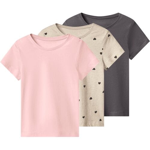 LUPILU Set van 3 kinder T-shirts (lichtroze/beige/donkergrijs, 98/104)