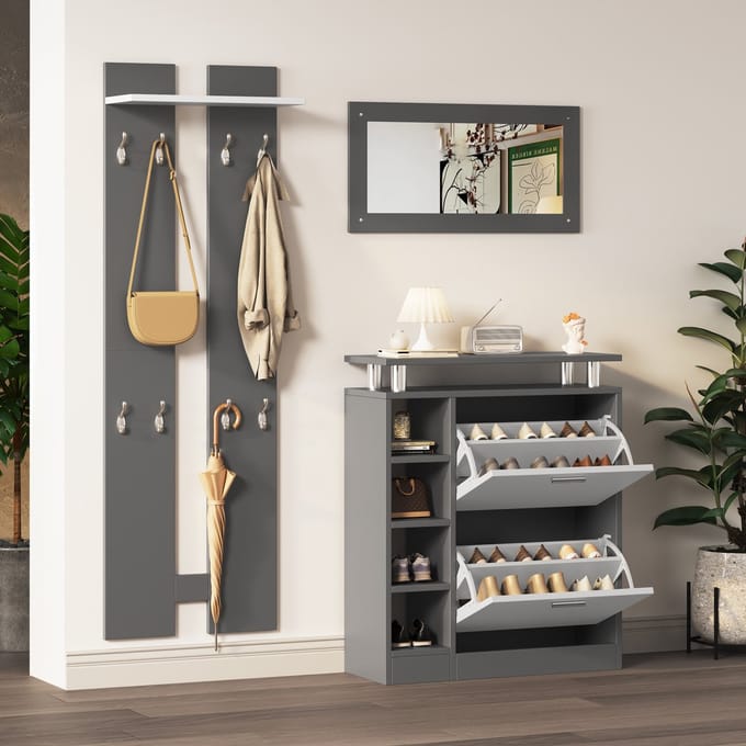 Wandgarderobe - 80x25x96.5 cm - Met Spiegel Panelen En Schoenenkast - MDF - Antraciet
