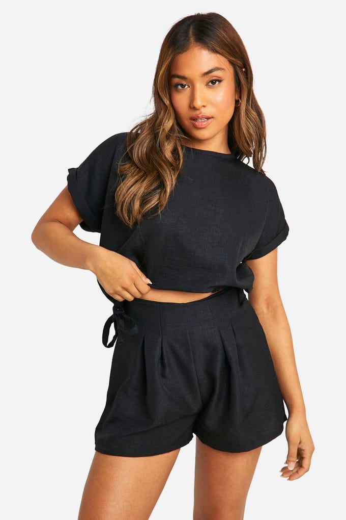 boohoo Dames Petite Linen Look Tie Side Tee | Zwart | Maat: 40