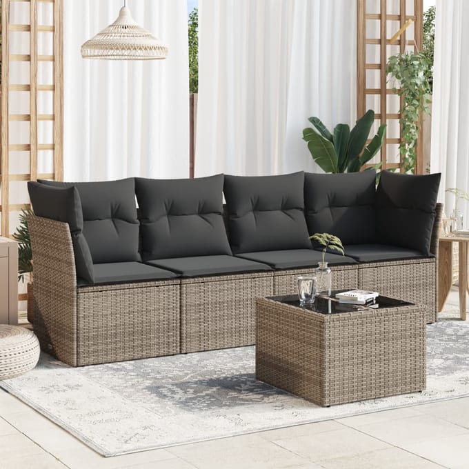 vidaXL - 5-delige - Loungeset - met - kussens - poly - rattan - grijs