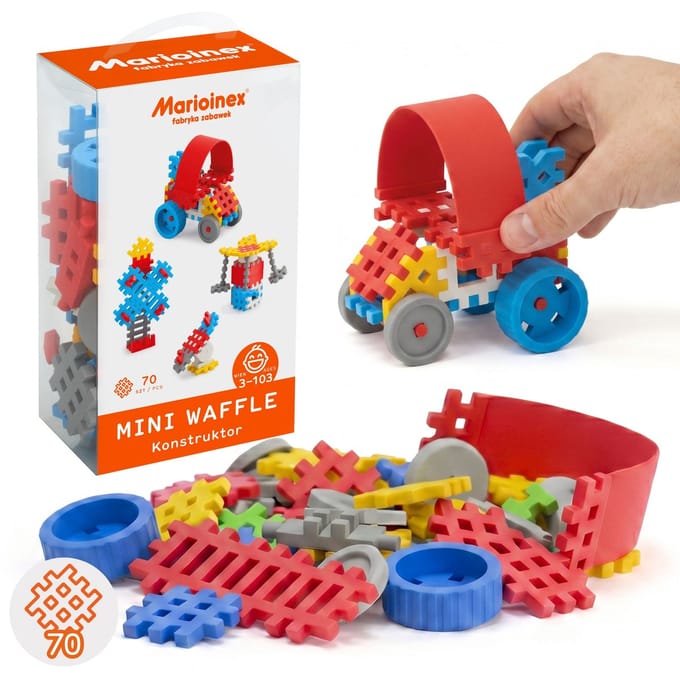 Marioinex Mini Waffle Constructor Blauwe bouwsteenset, zachte bouwstenen voor kinderen, veilig – 70 stuks
