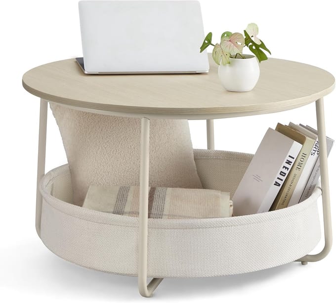 VASAGLE LCT244K01 Round Coffee Table with Storage Space Side Table Living Room Table with Fabric Basket Modern Metal Frame Natural Beige/Cream White