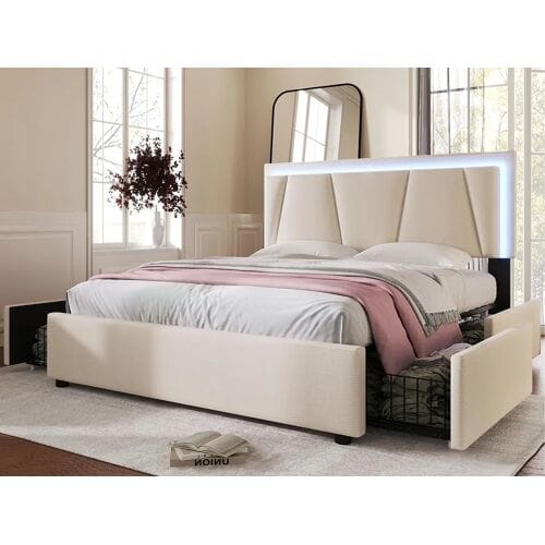 ModernLuxe Gestoffeerd bed 160x200cm in linnen - met 2 lades + LED + lattenbodem - Beige
