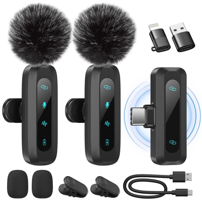 EXCITAT Draadloze Lavalier-microfoon - Geschikt voor iPhone, iPad, Android-telefoon - Mini-microfoon - met ruisonderdrukking, automatisch koppelen, dempen en galm - 2-pack