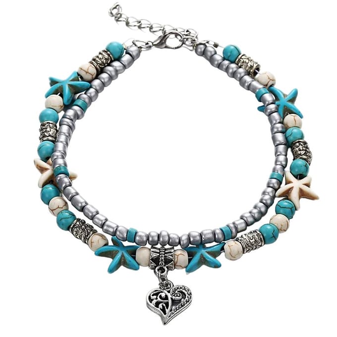 Fako Bijoux® - Enkelbandje - Enkelsieraad - Boho Zeester, Kralen & Hartje - Turquoise