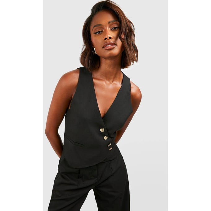 boohoo Dames Mock Horn Asymmetric Tailored Waistcoat | Black | Maat: 10