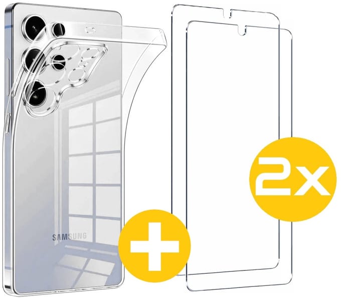 Hoesje en Screenprotector Combi Geschikt Voor Samsung Galaxy S25 Ultra - Transparant Hoesje + 2x Screenprotector