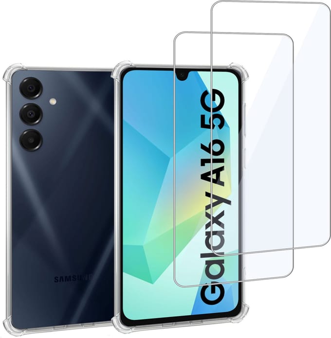 Geschikt voor Samsung Galaxy A16 5G - Hoesje + 2x Screenprotector – Gehard Glas Cover + Shock Proof Case – Transparant