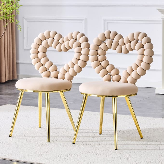 MODENUIT Eetkamerstoel – Set van 2 – Uitsparing in Rugleuning & Metalen Poten – Voor Eetkamer – Fluweel Lichtbeige