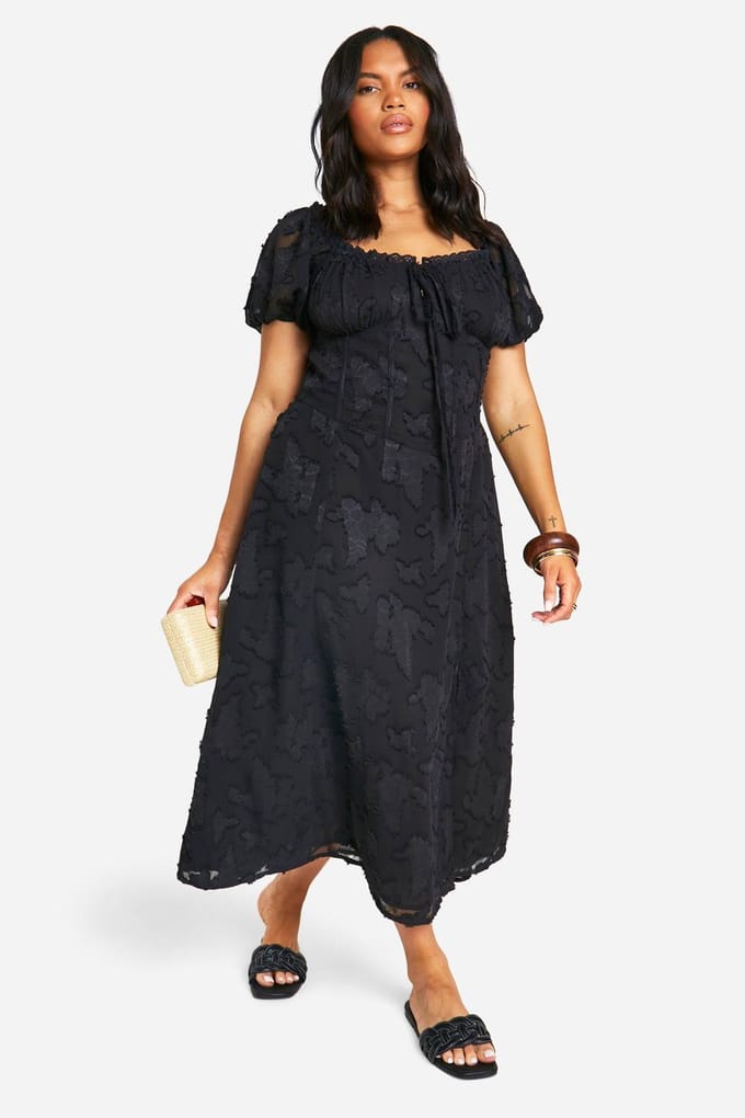 boohoo Dames Plus Burnout Milkmaid Midi Jurk | Black | Maat: 26