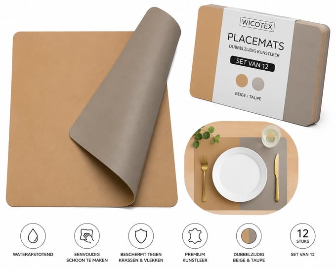 Wicotex - Placemats - Placemat Kunstleer Desert - Taupe Moon - Dubbelzijdig 12 stuks