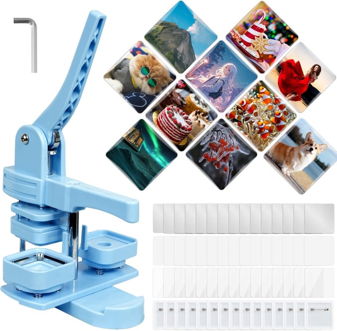 Creatorally Vierkante Badge Maker Machine - 50x50mm - Pin maker met 100 Buttons - Pin Machine - Buttonmachine - Button Maker - Blauw