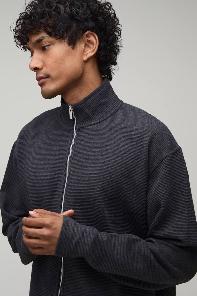 Oversized Boxy Geribbeld Trainingspak Met Dubbele Ritssluiting En Col Kort Model | Charcoal | Size XL