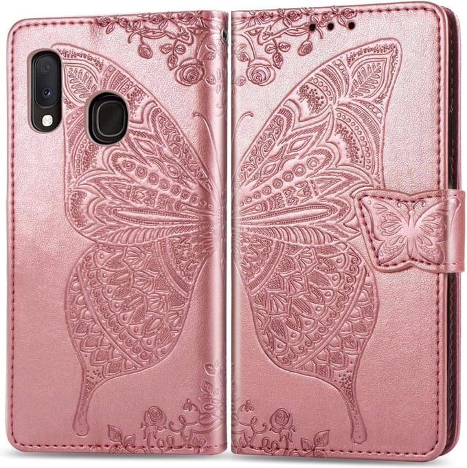 Geschikt voor Samsung Galaxy A40 Bookcase - Roze - Vlinders - Portemonnee Hoesje
