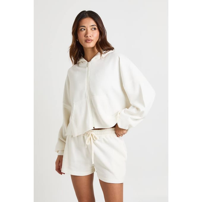 boohoo Dames Gewassen Loopback Trainingspak Met Versleten Zoom En Korte Broek | Ecru | Maat: Large