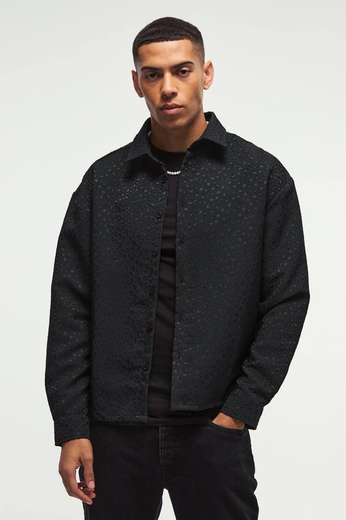 Oversized Leopard Jacquard Overshirt | Black | Size Medium