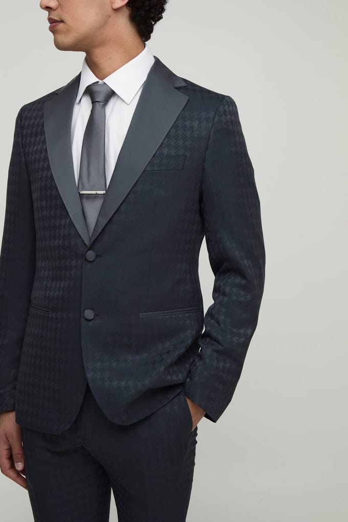 Skinny Tonal Houndstooth Single Breasted Jacket | Navy | Size 48