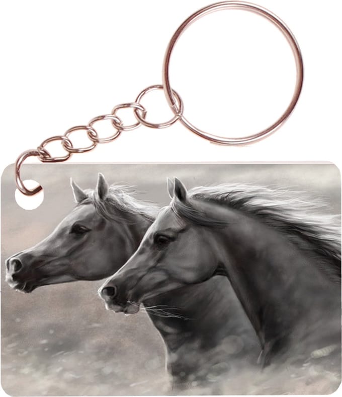 Sleutelhanger 6x4cm - Paarden in Galop zwart/wit