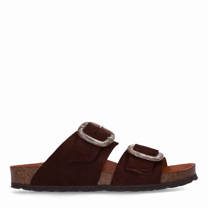 Manfield - Dames - Bruine suède slippers met gesp - Maat 36