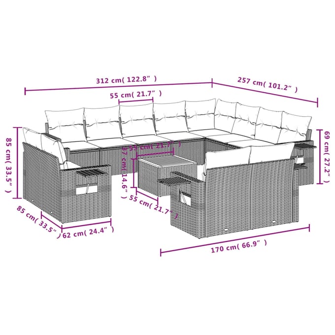 vidaXL - 13-delige - Loungeset - met - kussens - poly - rattan - gemengd - beige