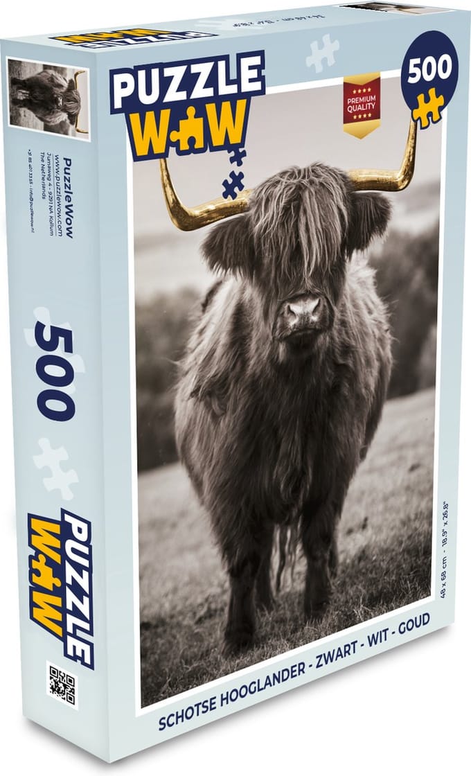 Puzzel Schotse hooglander - Zwart - wit - Goud - Legpuzzel - Puzzel 500 stukjes