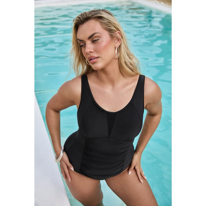 Yours Zwart Badpak Met Ruches, Mesh En Buikcorrectie Size 42