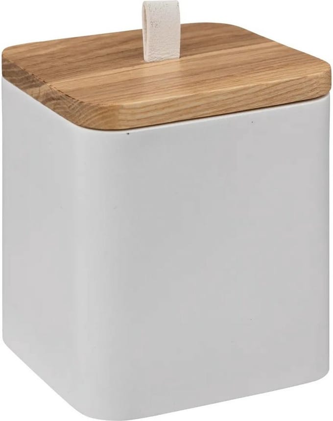 5Five Wattendispenser - wit - kunststof - bamboe - 9 x 9 x 10 cm - wattenstaafjeshouder