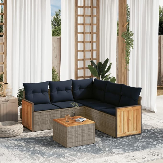 vidaXL - 6-delige - tuinbankset - met - kussens, - grijs - polyrotan