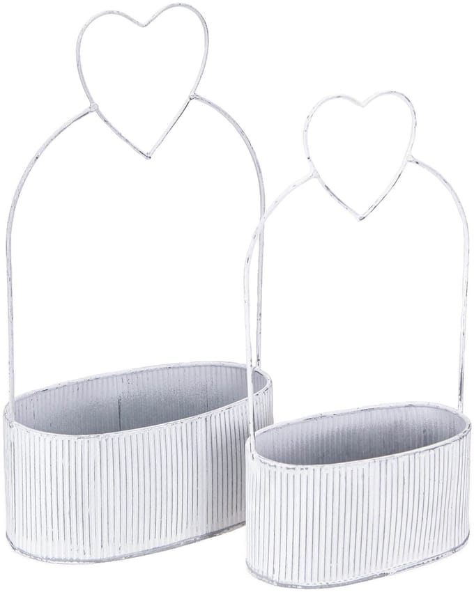 Decoratieve ovale metalen schaal met hartje, wit, 20/16 cm, set van 2