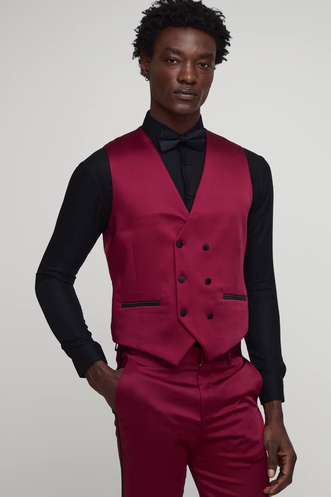 Slim Fit Satin Waistcoat | Burgundy | Size 50