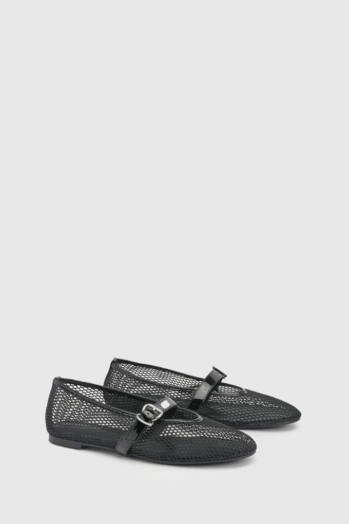 boohoo Dames Mesh Mary Jane Ballerina's | Zwart | Maat: 41