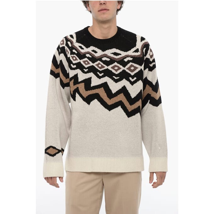 Wollen Boxy Fit trui met ronde hals in beige, Nero