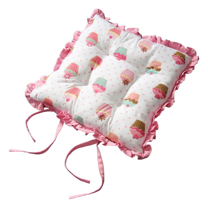 Homescapes Ruffelkussen Omkeerbaar stoelkussen met strikjes Cupcakes