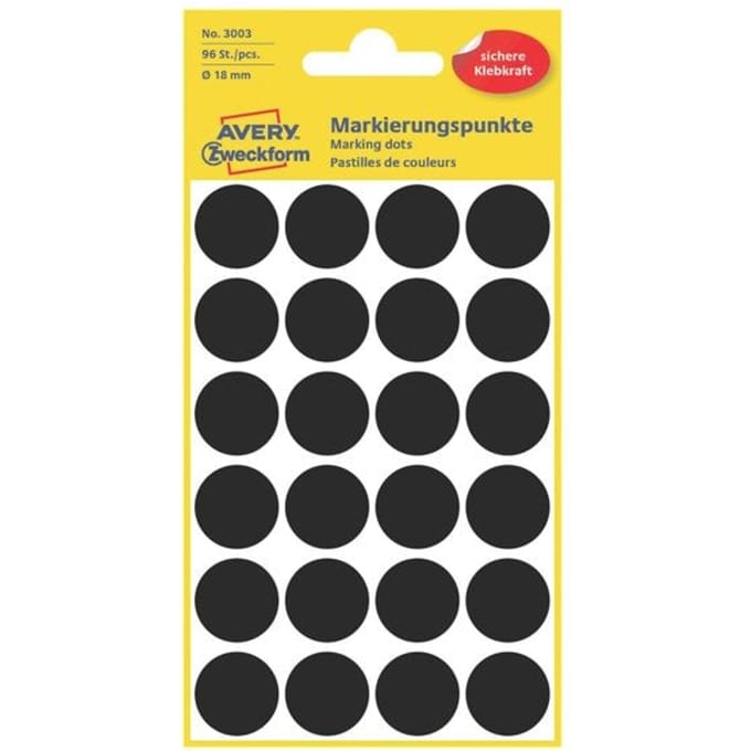 Etiket avery zweckform 3003 rond 18mm zwart 96 Etiketten